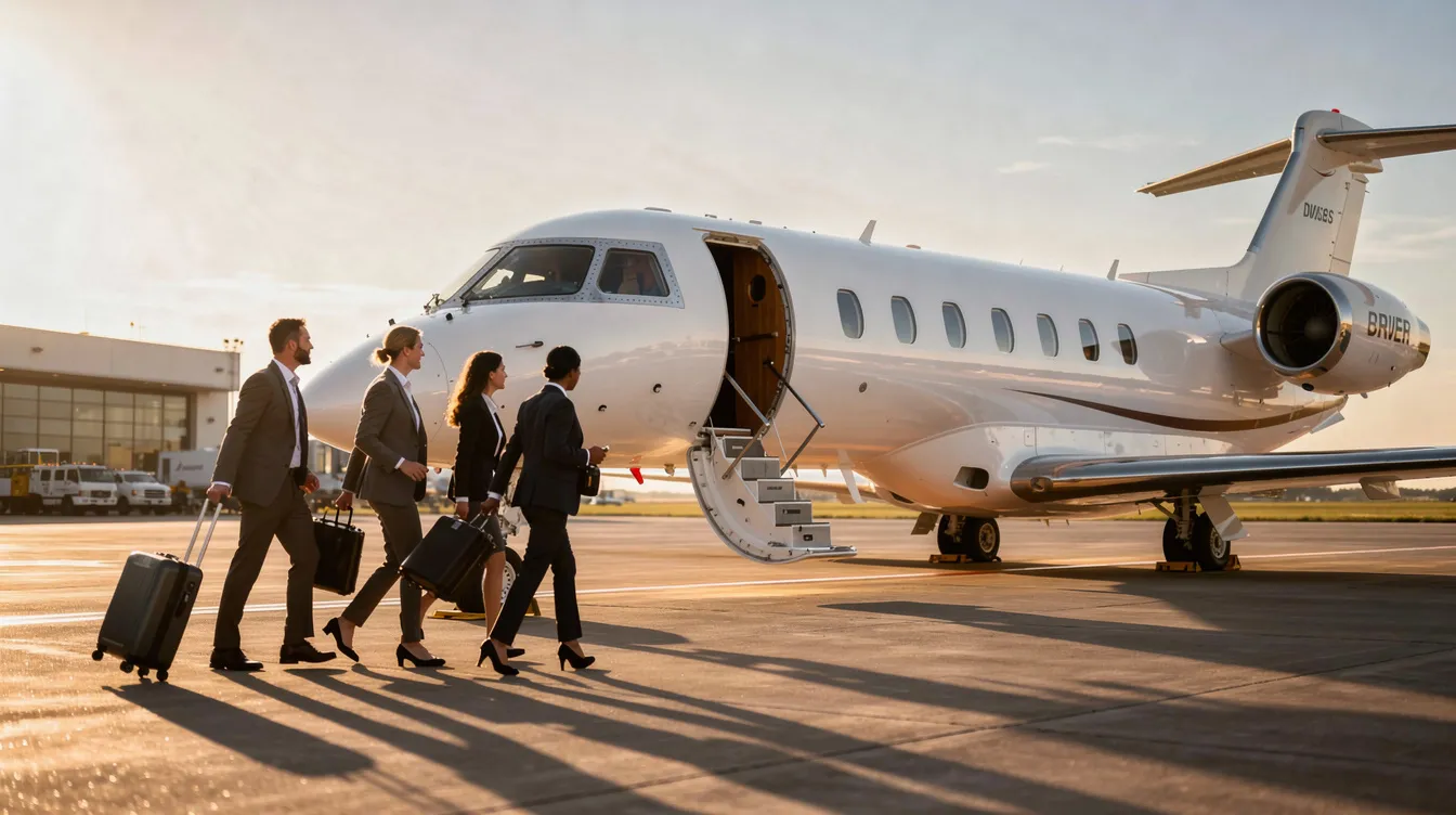 A small group of business travelers is boarding a HondaJet Elite II, a light business jet known for its fuel efficiency and quiet cabin, at a regional airport. The aircraft features a unique wing engine mount design, making it an ideal choice for private aviation.
