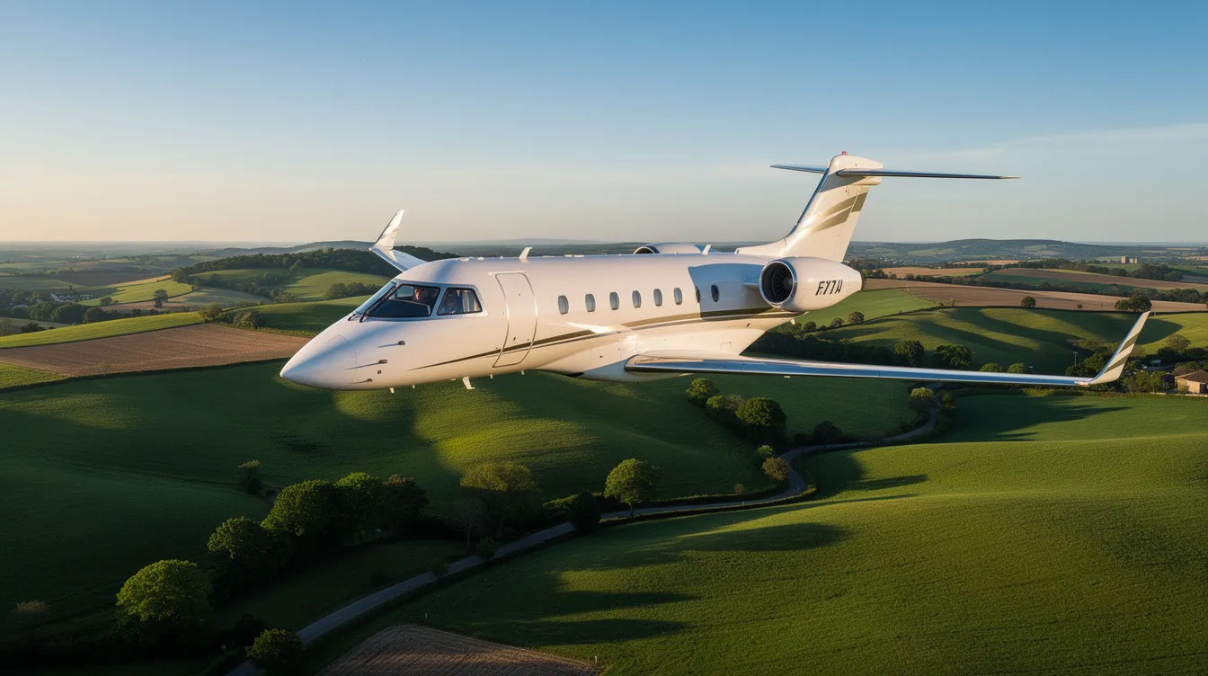 A sleek HondaJet Elite II, a light business jet developed by Honda Aircraft Company, is flying gracefully above green rolling hills under clear skies. The aircraft showcases its advanced design and fuel efficiency, highlighting the innovative wing engine mount that enhances its performance in private aviation.