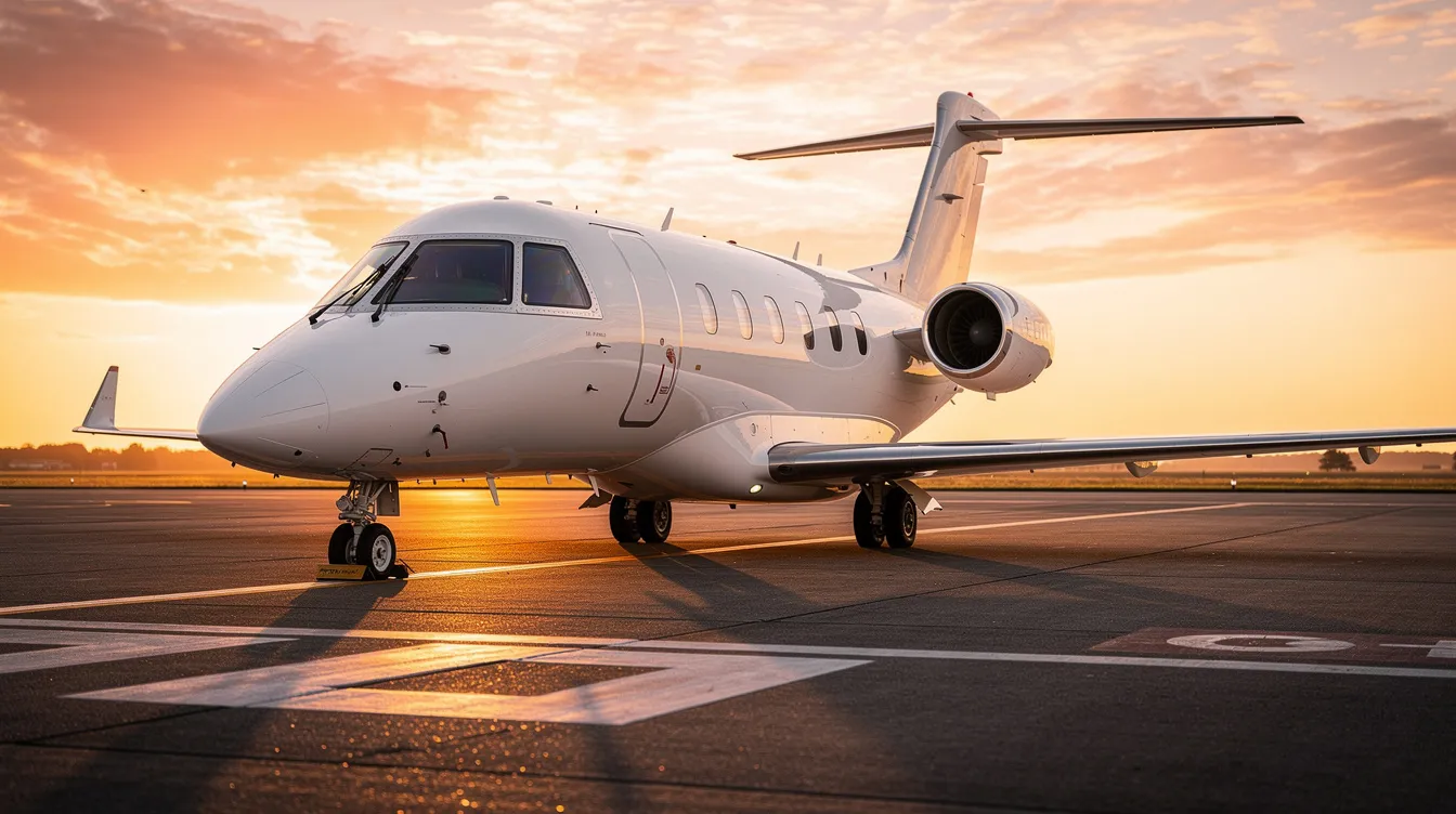 A sleek HondaJet Elite II, a modern light jet developed by Honda Aircraft Company, is parked on a runway at sunset, with warm golden light reflecting off its fuselage. The aircraft's distinctive wing engine mount design and polished exterior create a striking silhouette against the colorful sky.