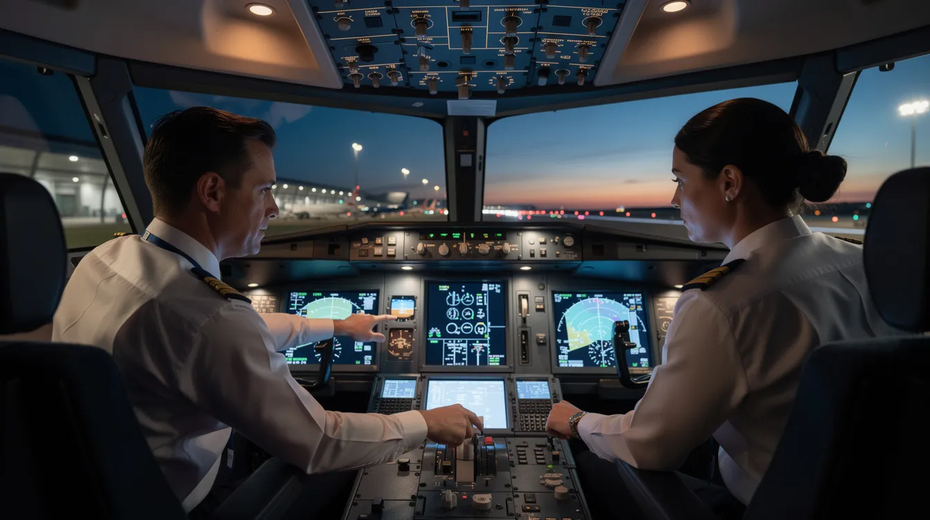 Two pilots are intently reviewing flight instruments in a modern jet cockpit, ensuring a thorough check before departure, embodying unparalleled aviation experience. The scene reflects their commitment to safety and precision in operations as part of their aircraft management duties at Reynolds Jet.