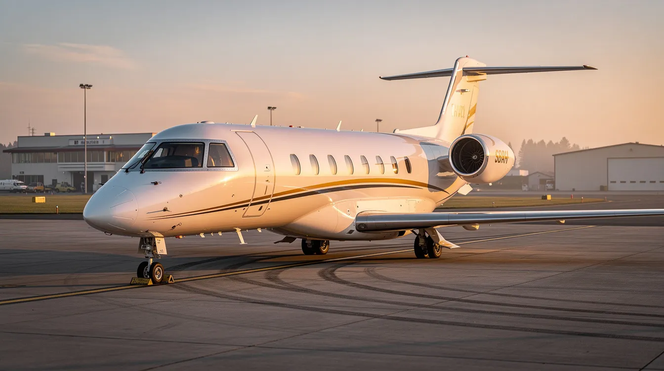 A sleek midsize private jet, representing an unparalleled aviation experience, is parked on the tarmac of a small regional airport during the golden hour, casting a warm glow on its polished surface. In the background, the hangar and the serene atmosphere of the airport suggest a hub for jet charter and aircraft management operations in Cincinnati, Ohio.