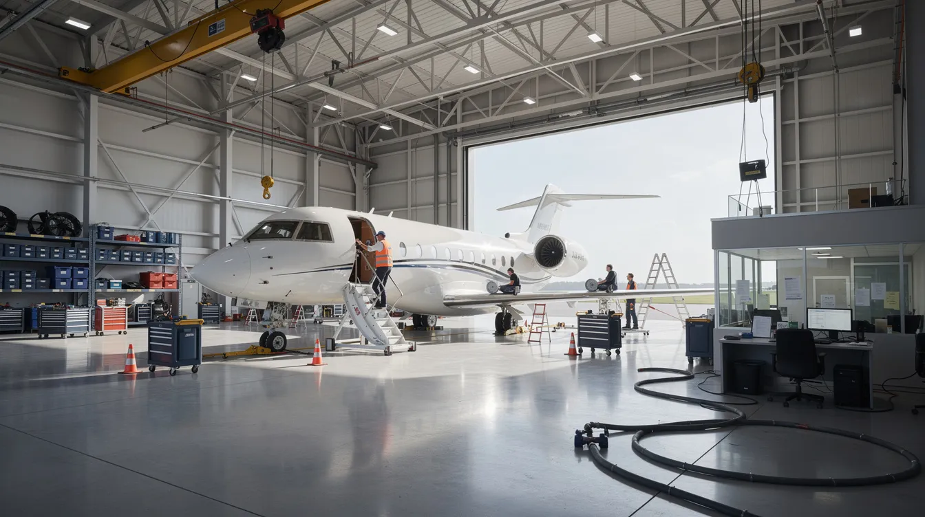 The image shows the interior of a spacious aircraft hangar, where a business jet is being serviced by a team of employees. This scene captures the essence of unparalleled aviation experience, highlighting the meticulous care involved in aircraft management and operations at Reynolds Jet, located in Cincinnati, Ohio.