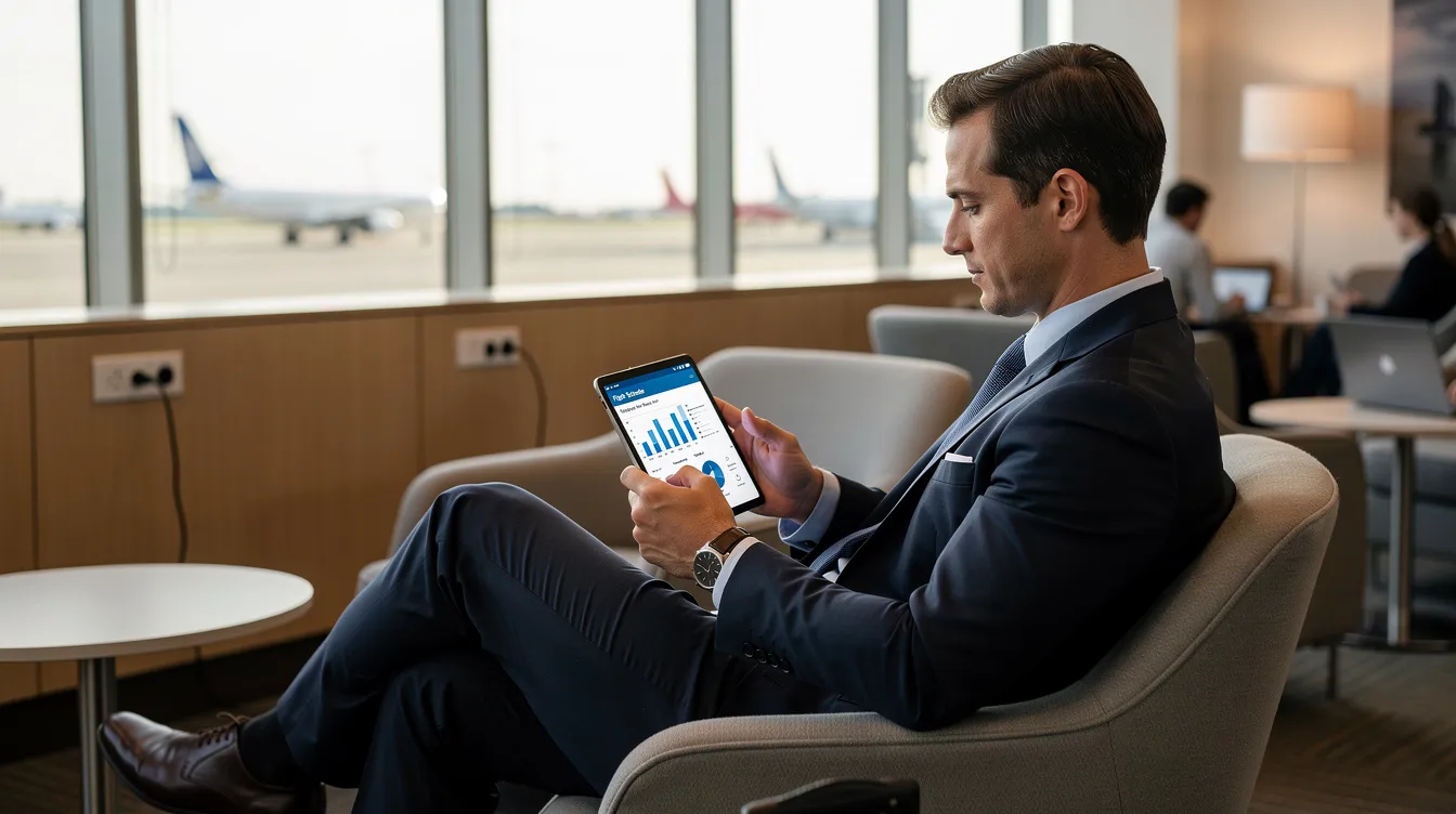 A business traveler is seated in a modern airport lounge, intently browsing a tablet screen, likely exploring options for a private jet charter or managing their account with Reynolds Jet Management. The sleek environment reflects an unparalleled aviation experience, perfect for those looking to fly with safety and efficiency.