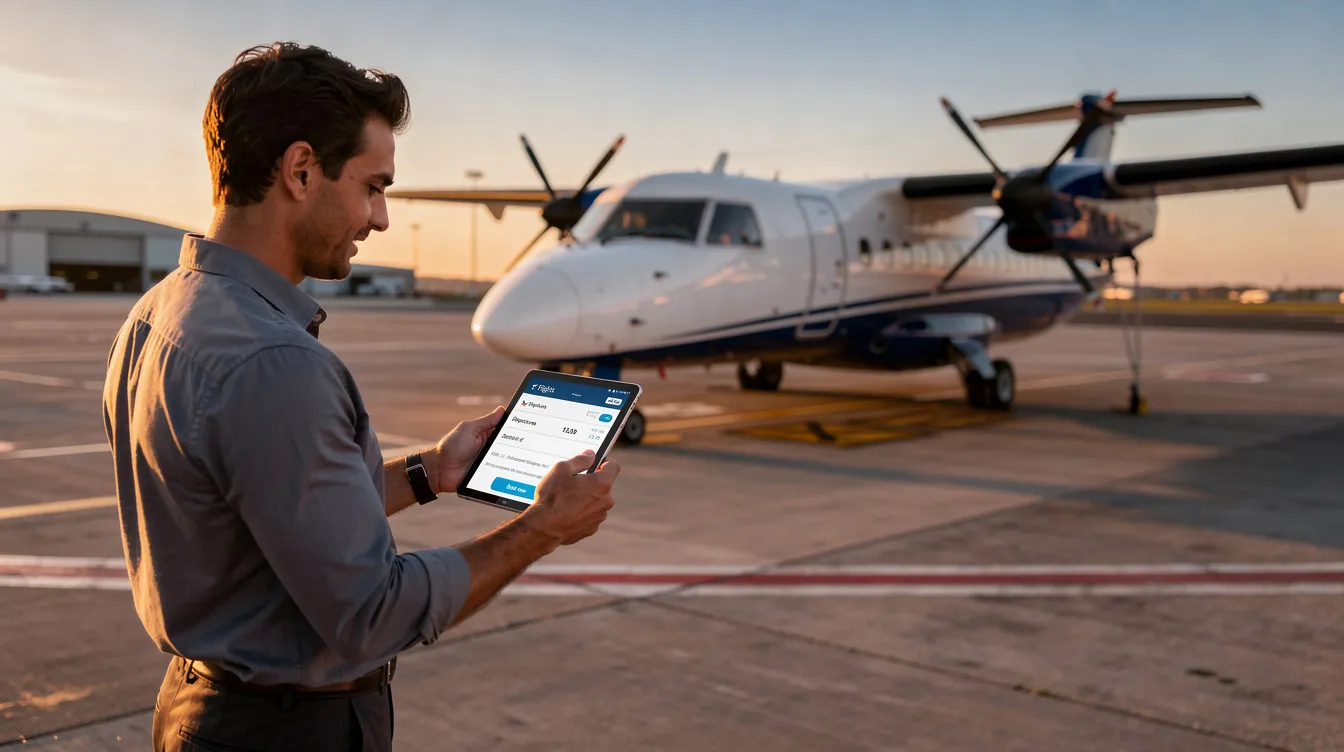 A traveler is standing near a small turboprop aircraft on the tarmac, reviewing flight options on a tablet. The aircraft features variable pitch propellers, which are essential for propeller propulsion, allowing for efficient thrust and control during short haul flights.