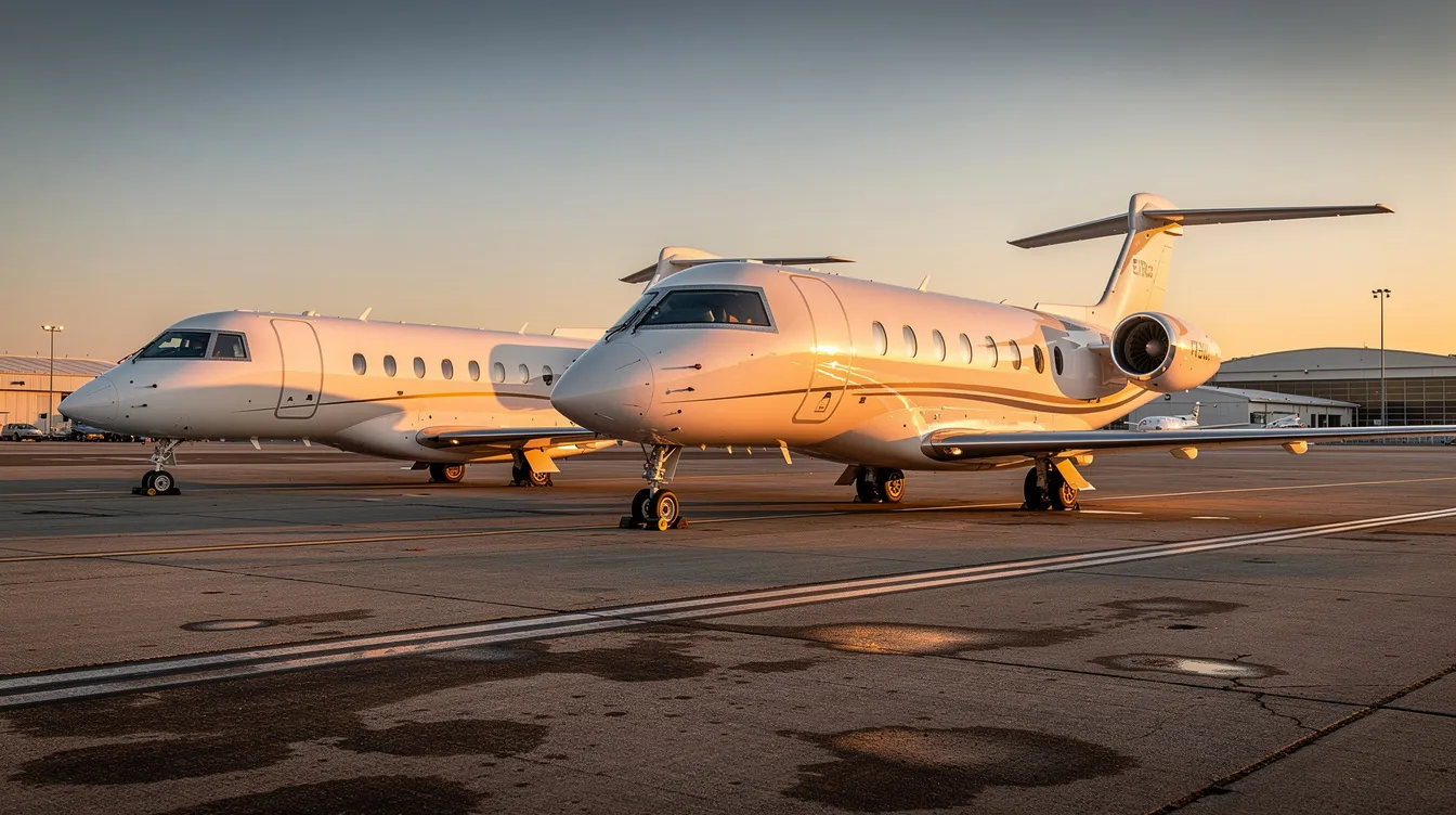 The image shows three private jets of varying sizes parked side by side on an airport ramp, ready for their respective flights. Each aircraft represents different capabilities for business travel, highlighting the flexibility and efficiency of private aviation.