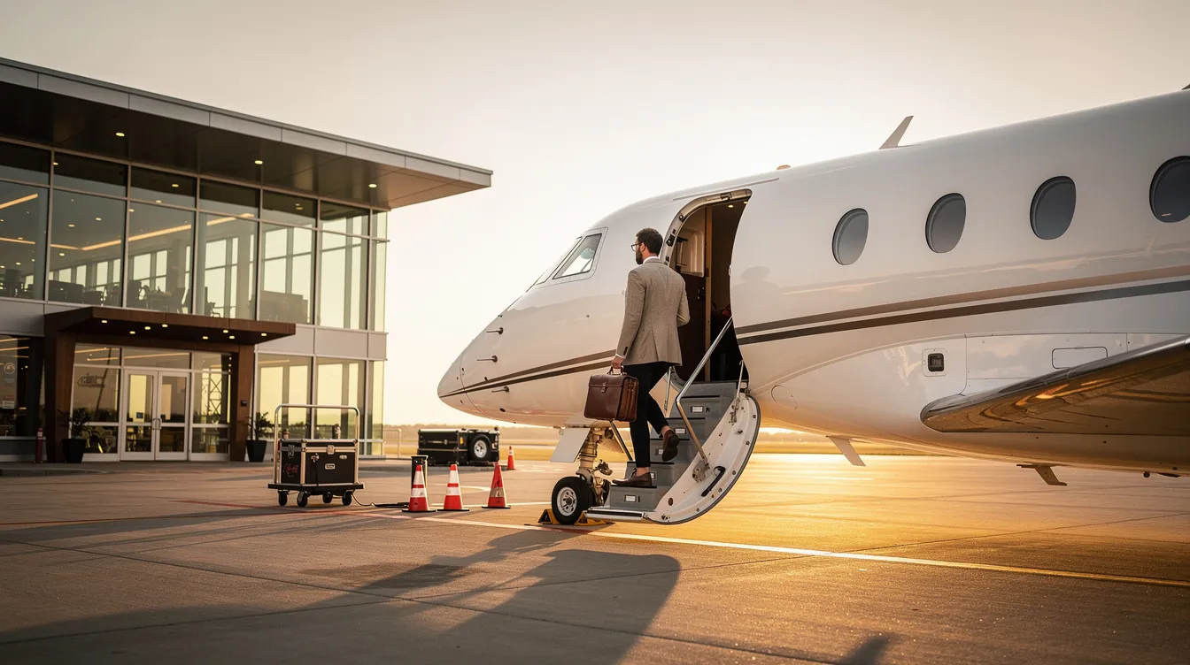A passenger is stepping onto a sleek private jet at a modern Fixed Base Operator (FBO) terminal, ready for their flight to a chosen destination airport. The scene captures the essence of business aviation, emphasizing the efficiency and flexibility of private air travel.