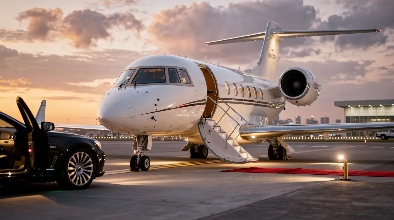 The image depicts a luxurious private jet parked at an airport, ready for a trip. The sleek design and spacious interior highlight the exclusive travel experience, ideal for those looking to fly in style and comfort.