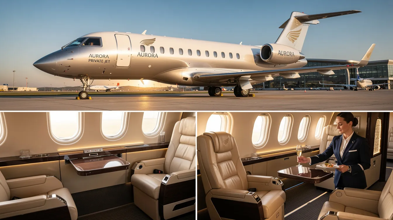 The image depicts a sleek private jet parked at a luxurious airport, highlighting the exclusivity of private flights. In the background, you can see the terminal building with travelers checking in, emphasizing the world of high-end travel and the convenience of flying on a private airline.