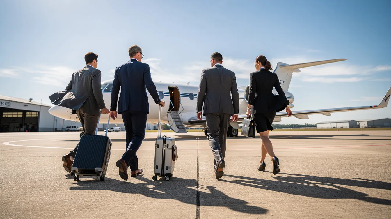 A group of business professionals is walking toward a private aircraft on an airfield under a clear blue sky, showcasing the convenience and luxury of private aviation. This scene highlights the ease of access to private jet travel, emphasizing the benefits of programs like the Amalfi One Jet Card for seamless transportation.