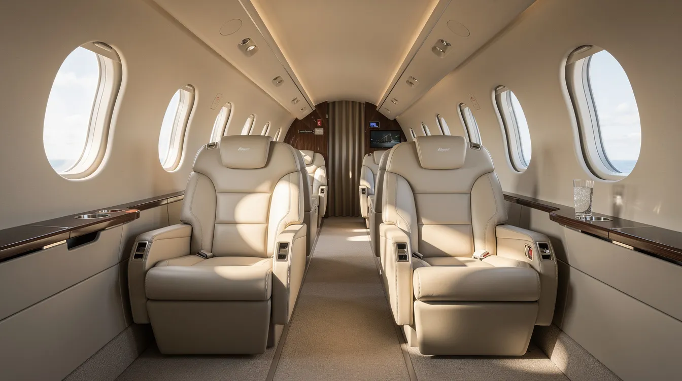 The image depicts the interior of a midsize private jet, featuring plush leather seats and ample natural light streaming through large windows, creating an inviting atmosphere for travelers. This luxurious setting exemplifies the comfort and elegance associated with private aviation, ideal for those utilizing an Amalfi jet card for their travel needs.