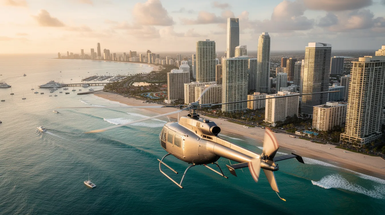 A Bell 206B Jet Ranger helicopter is flying over a coastal city, showcasing sandy beaches and tall buildings below. The aerial view highlights the vibrant urban landscape, emphasizing the helicopter's reliable performance and versatility in passenger transport.