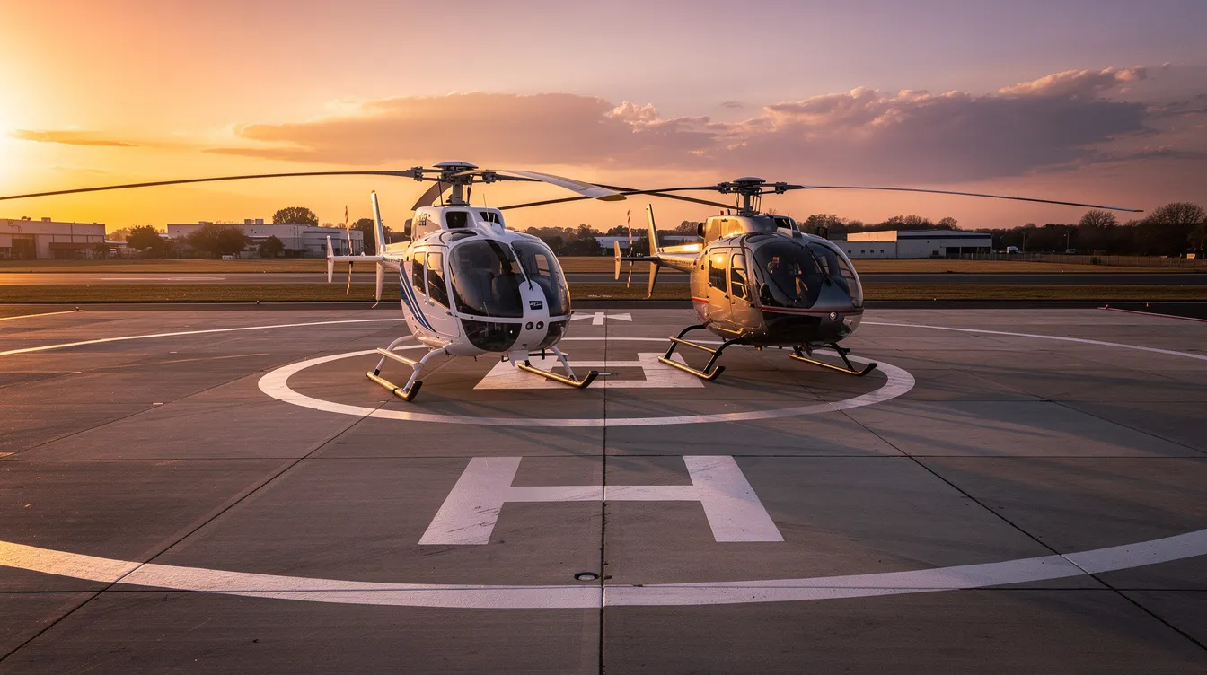 The image shows two Bell 206B JetRanger helicopters parked on a concrete helipad, bathed in the warm hues of sunset. These single-engine helicopters, known for their reliable performance and versatility, are often used for passenger transport and emergency medical services.