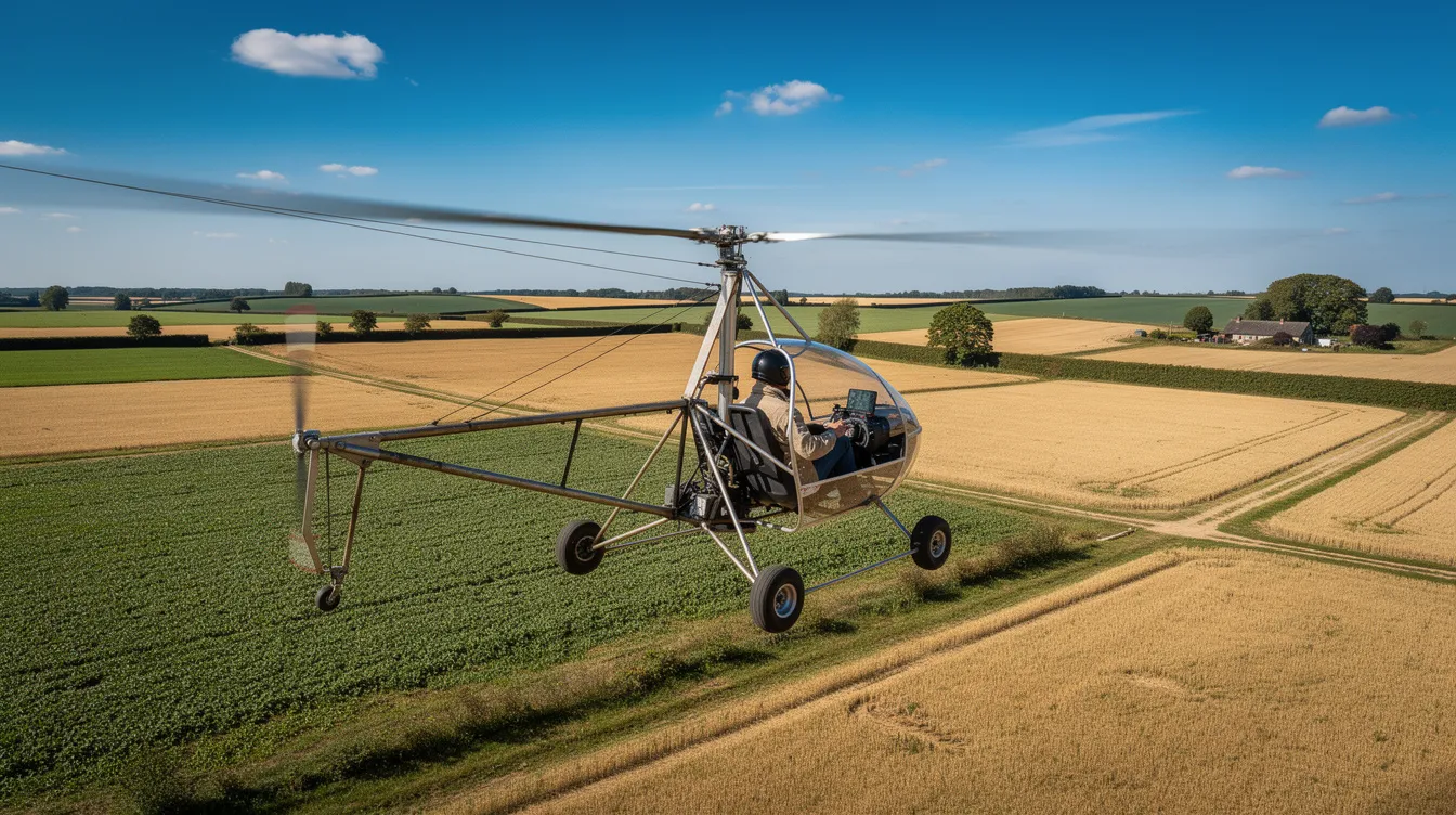 A single-seat ultralight helicopter is flying low over open farmland on a sunny day, showcasing its agile design and ability to maneuver easily through the air. This affordable rotorcraft offers personal freedom for pilots seeking a unique flying experience in the used market.
