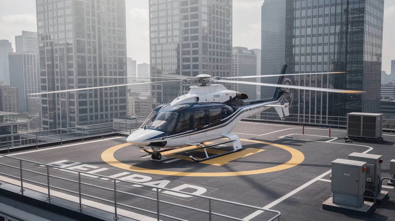 A medium turbine helicopter with a sleek corporate paint scheme is parked on a rooftop helipad, overlooking a bustling cityscape. This aircraft, ideal for personal use or flight schools, showcases the versatility and performance of turbine helicopters, making it an attractive option for potential buyers in the used market.