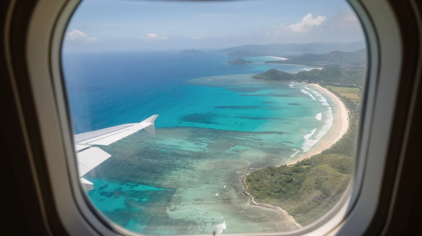 An aerial view from a private jet window showcases a stunning turquoise coastline, highlighting the beauty of luxury travel and the elegance of flying private. This image captures the essence of a serene journey above the coast, ideal for aircraft owners and clients seeking an unforgettable trip.