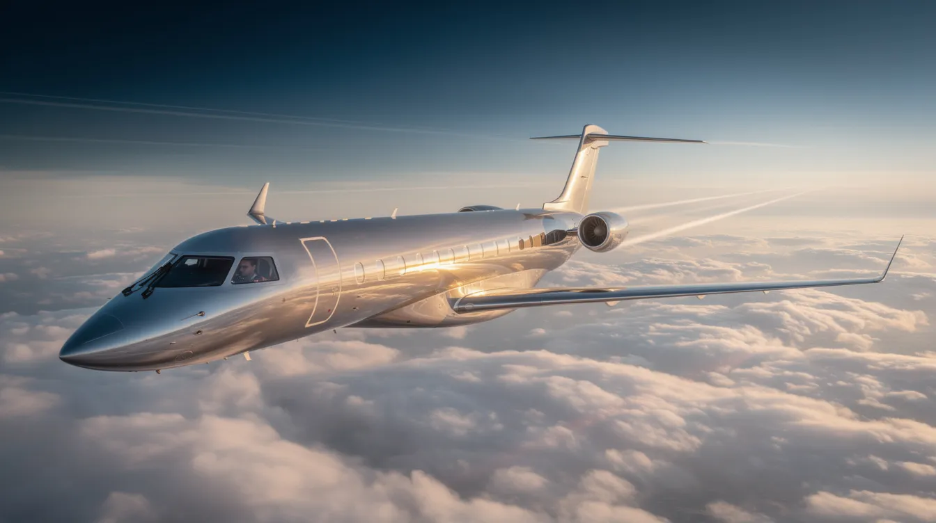 A sleek private jet is cruising above a thick layer of clouds at high altitude, showcasing the luxury and efficiency of private jet charter services. This image captures the essence of the aviation industry, highlighting the comfort and reliability of ultra long range jets for business travelers on their next trip.