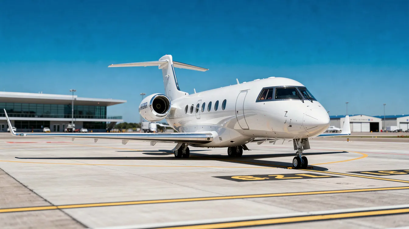 A sleek private jet is parked on the airport tarmac, surrounded by a clear blue sky, illustrating the luxury of air travel. This image evokes thoughts of flight booking tips and the best fares for both domestic and international flights.