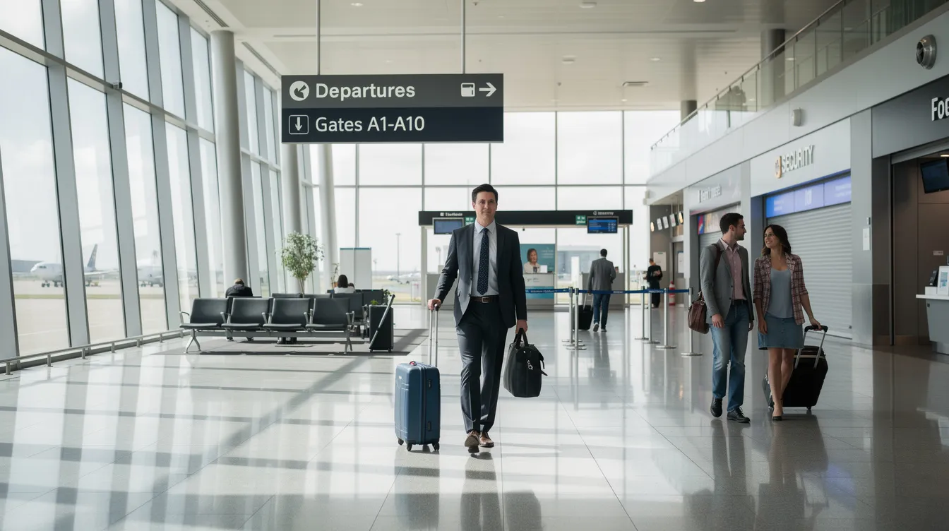The image shows passengers walking through a quiet airport terminal on a weekday, with very few people around, creating a calm atmosphere ideal for those looking to book flights or track prices for cheap flights. The serene environment highlights the ease of navigating the terminal, especially during low demand periods.