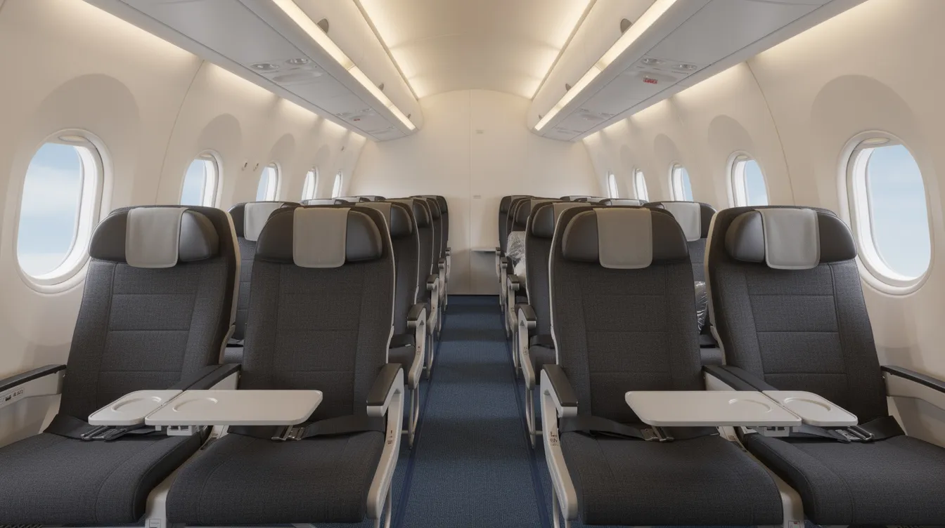 The image depicts the interior of a commercial airplane's economy class cabin, showcasing rows of airplane seats equipped with tray tables and headrests. Passengers are seated in tight quarters, with some reclining their seats for comfort during the flight, highlighting the average seat width and limited legroom typical of long haul flights.