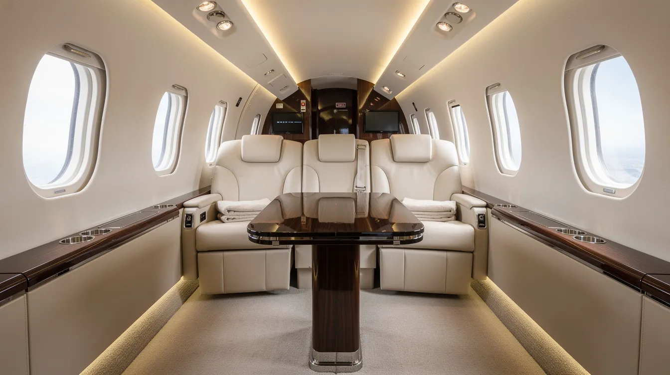 The image depicts a spacious private jet cabin featuring luxurious leather seats arranged in a club configuration, with a table situated between them, providing ample personal space for passengers. This elegant interior design offers more legroom and comfort compared to typical economy class seats.