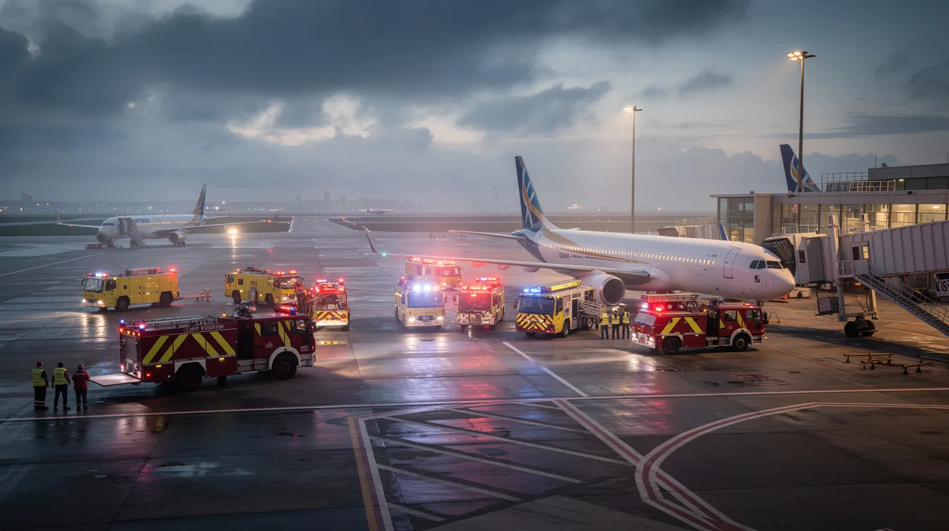The image depicts an airport tarmac at Riyadh Airport, where several fire trucks and emergency vehicles are responding near parked Flydubai aircraft. This scene suggests a security incident or emergency landing involving a plane that has landed safely, with crew members and passengers potentially affected.