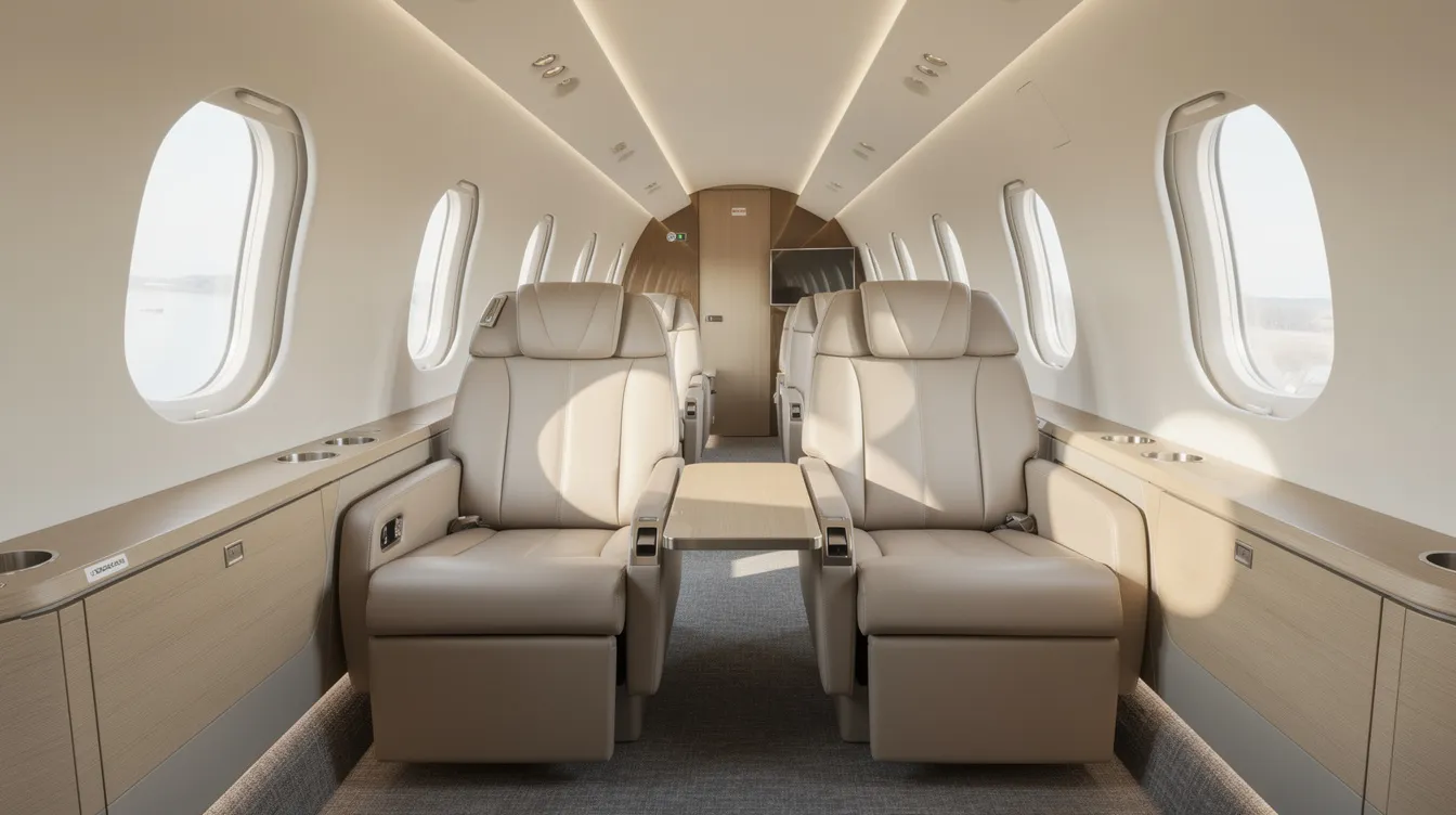 The image depicts the interior of a modern private jet, featuring comfortable leather seats and ample natural light streaming through large windows. The elegant cabin design emphasizes luxury and relaxation, ideal for passengers flying to destinations like Riyadh or Dubai.