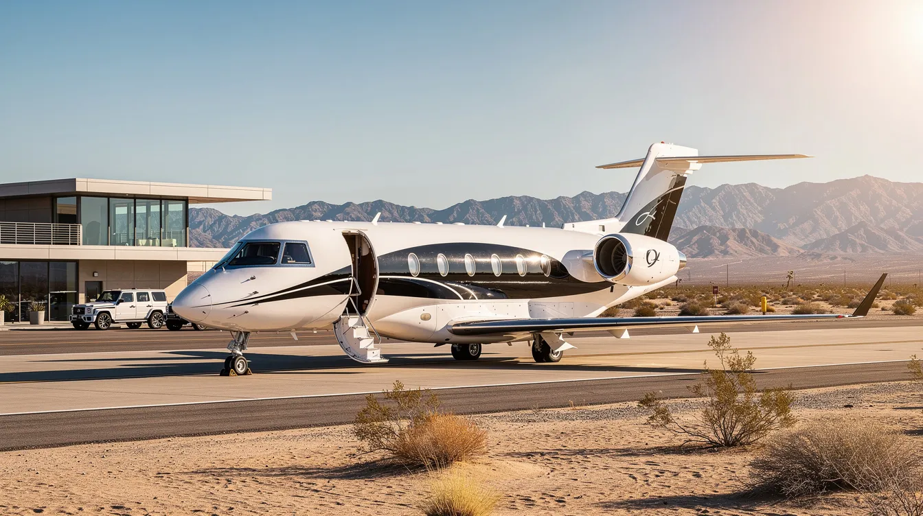 The image depicts a sleek private jet parked at a small private aviation terminal in a desert setting, showcasing its polished exterior against the arid landscape of Saudi Arabia. In the background, the terminal suggests a quiet atmosphere typical of private aviation, emphasizing the exclusivity of the aircraft.