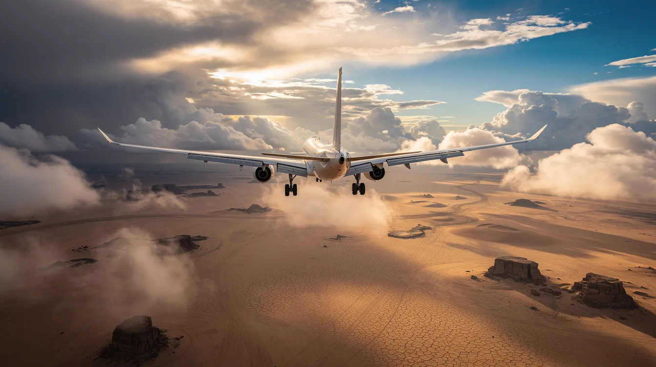 A commercial airplane is seen descending through fluffy white clouds over an arid desert landscape, indicating its approach for landing in Saudi Arabia. The scene captures the aircraft, possibly a Flydubai flight, as it prepares to safely land at Riyadh Airport.