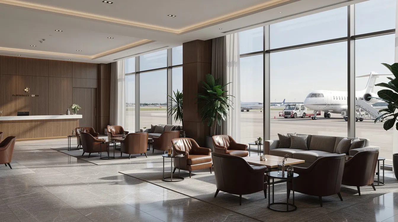 The image depicts the interior of a modern private aviation lounge featuring comfortable seating arrangements and large windows that provide a view of the airport ramp at Baltimore Washington International Airport (BWI). This inviting space is designed to enhance the travel experience for executive aviation needs, ensuring a seamless transition for travelers.