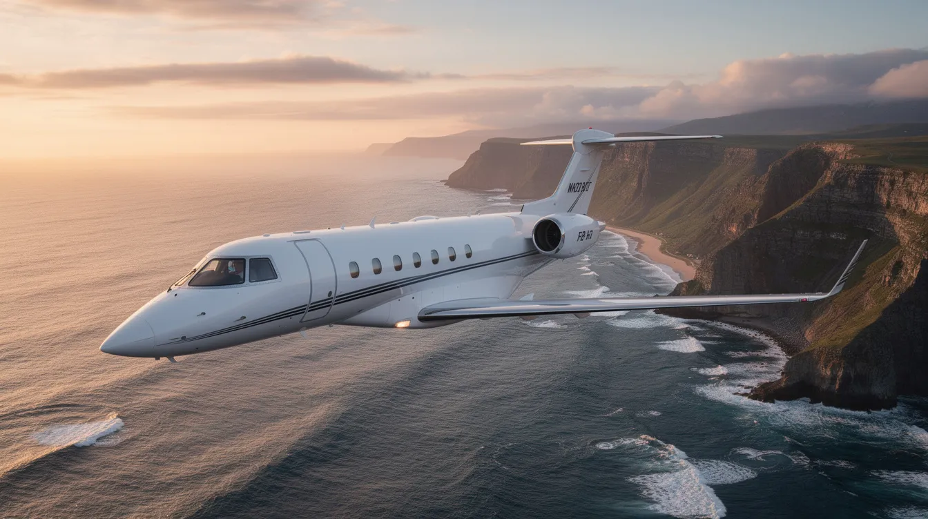 A sleek midsize private jet soars above a stunning coastline during golden hour, with the warm golden light reflecting off its polished surface. In the background, the serene landscape hints at the easy access to major highways and the vibrant cities of Baltimore and Annapolis, showcasing the seamless travel experience offered by executive aviation in the mid-Atlantic region.
