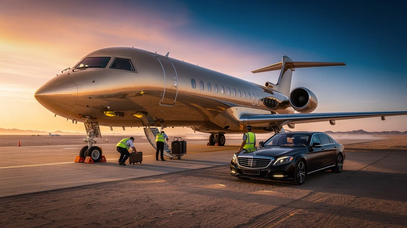 A luxurious wide-body VIP aircraft, reminiscent of the most expensive private jets, is parked on a desert tarmac at sunset, surrounded by ground crew and a sleek luxury vehicle nearby. This scene captures the essence of private aviation, highlighting the opulence and exclusivity associated with private jets in the Middle East.