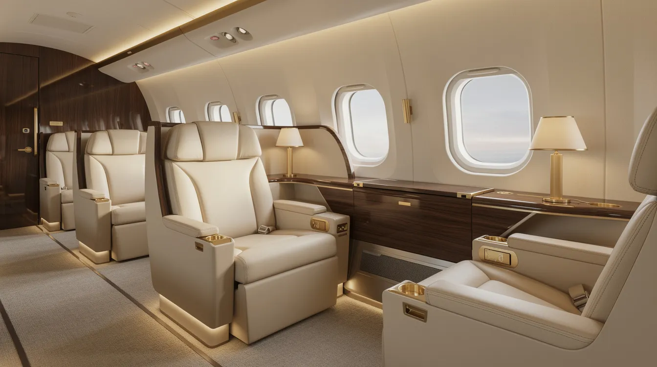 The image depicts the interior of a luxuriously configured wide-body private jet cabin, featuring plush seating, soft ambient lighting, and elegant wood paneling, reminiscent of a flying palace designed for high net worth individuals. The space includes a formal dining room, private bedrooms, and advanced technology, epitomizing the luxury aviation experience favored by the Saudi royal family.