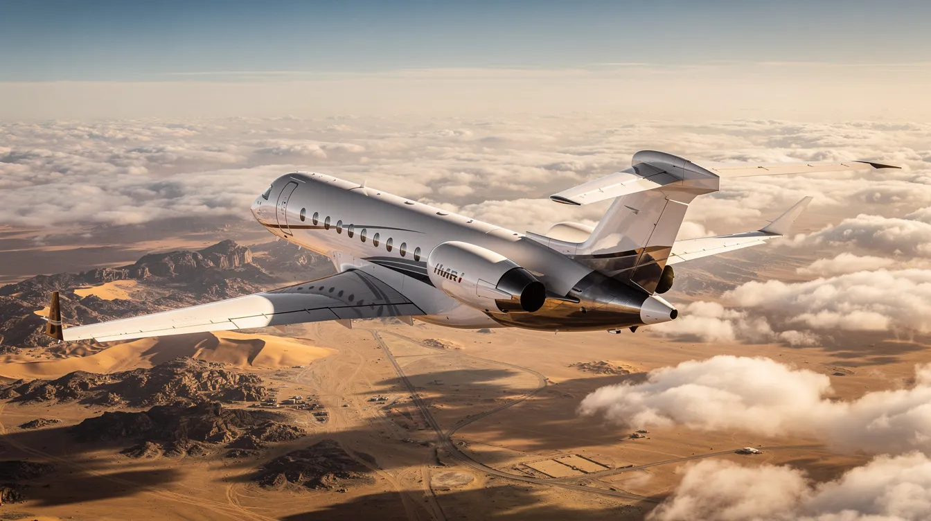 A sleek long-range private jet soars above a blanket of clouds, with the vast Middle Eastern desert landscape stretching far below. This luxurious aircraft is designed for high net worth individuals, offering unmatched privacy and comfort for business meetings or leisure travel.