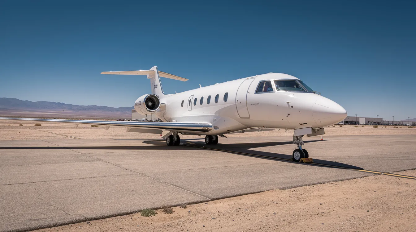 A private jet is parked on the tarmac of a desert airport under a clear blue sky, evoking a sense of luxury travel often associated with flights to destinations like Las Vegas. The scene captures the essence of private airline travel, highlighting the exclusivity and convenience of flying from airports such as Harry Reid International.