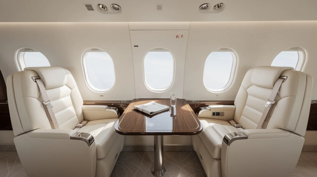 The interior of a midsize private jet features luxurious leather seats and a polished wood table, creating an elegant and comfortable flying experience. This upscale setting is perfect for travelers looking to enjoy their trip from airports like Harry Reid International or Dallas Love Field.