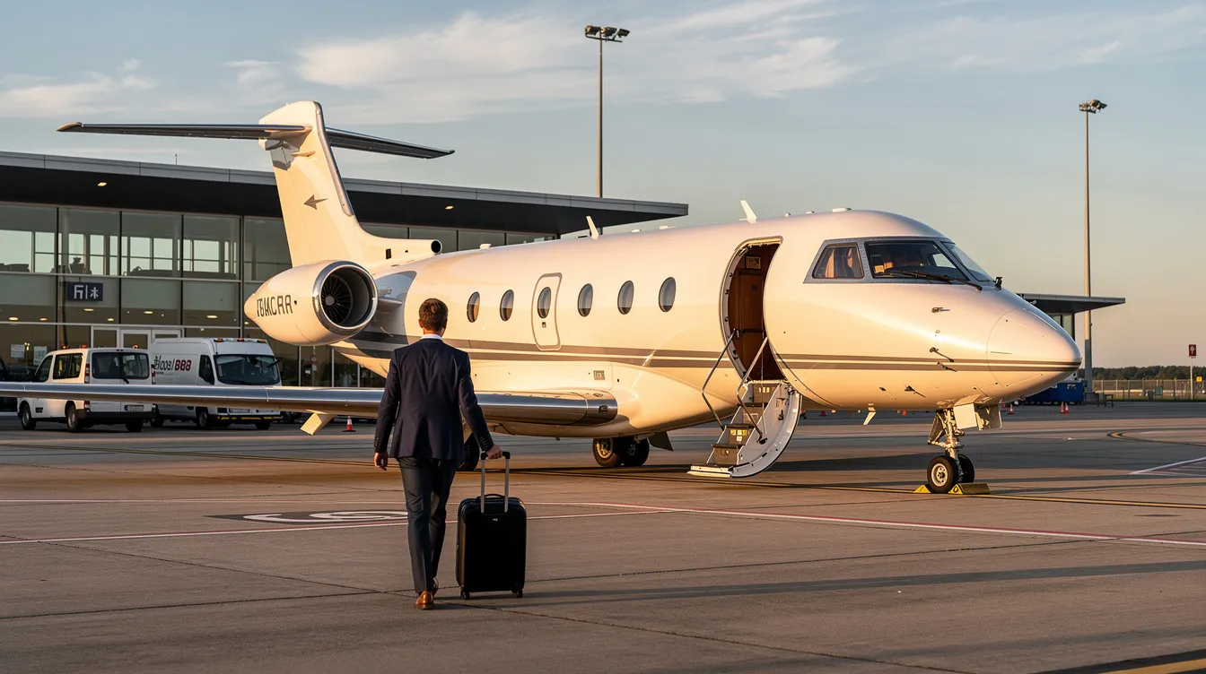 A private jet is parked at a small regional airport terminal, with a passenger walking toward the aircraft, ready for their private travel experience. This scene highlights the convenience of flying private, as it allows for a quick boarding process away from the long lines typical of commercial flights.