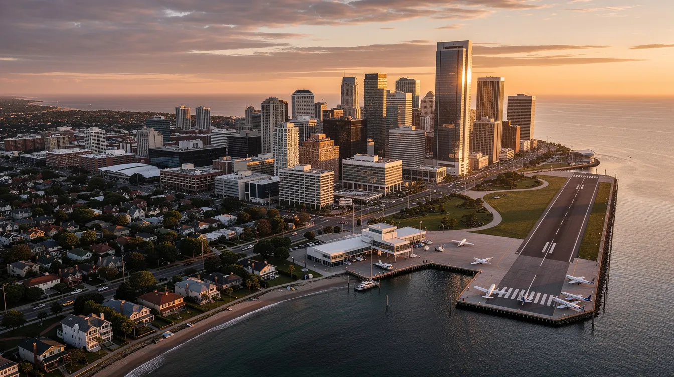 The image depicts a stunning panoramic aerial view of a coastal city at sunset, with vibrant hues reflecting off the water. A small airport is visible near the waterfront, suggesting a hub for private jets and commercial flights, where private jet travelers can enjoy quicker boarding processes and direct routes to their final destinations.