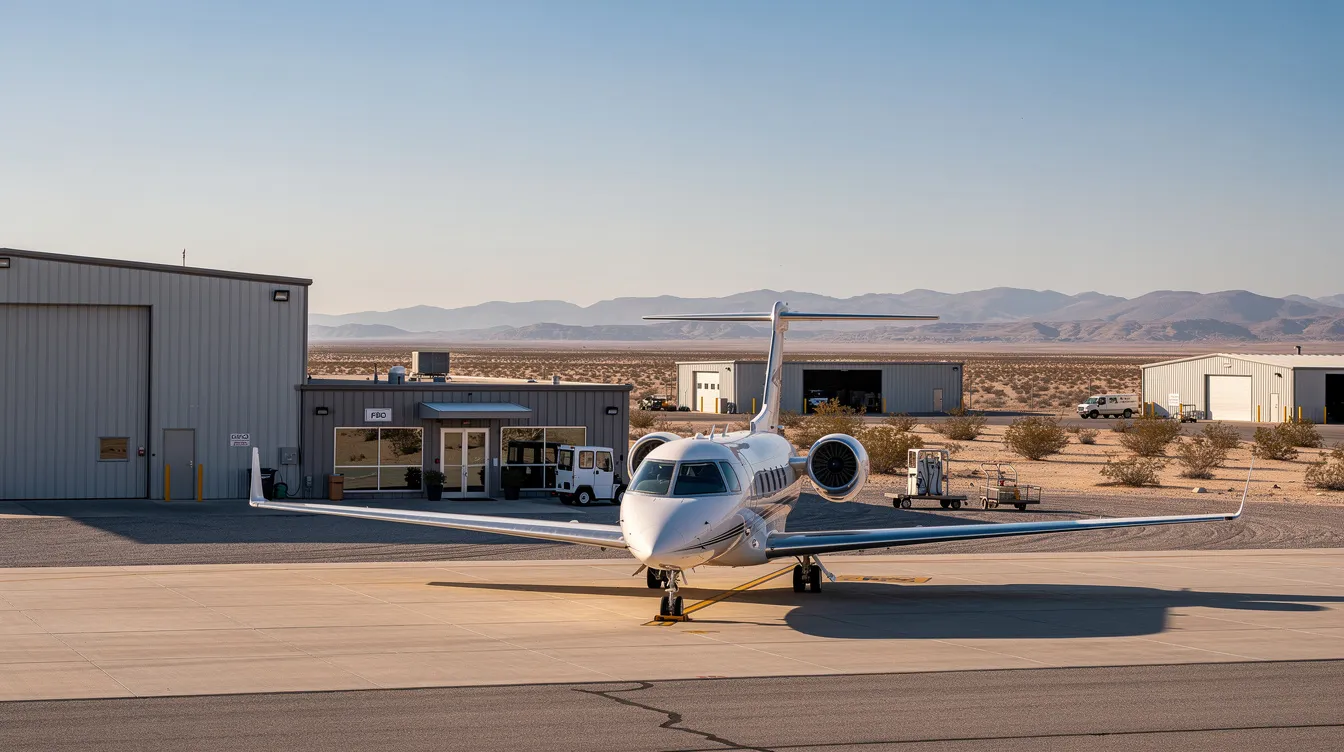 A private aircraft is parked next to a small Fixed Base Operator (FBO) building, with hangar structures visible and a desert landscape stretching into the background, indicative of the Carson City Airport's convenient location for vacation and business travelers in Nevada. The scene captures the essence of aviation and the surrounding natural beauty, making it an ideal destination for pilots and visitors alike.