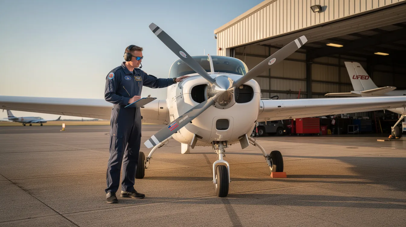 A pilot is conducting a thorough pre-flight inspection on a small single-engine airplane outside an open hangar, ensuring the aircraft's hull is in optimal condition before takeoff. This meticulous check is essential for maintaining safety and understanding the potential aircraft insurance costs associated with ownership.