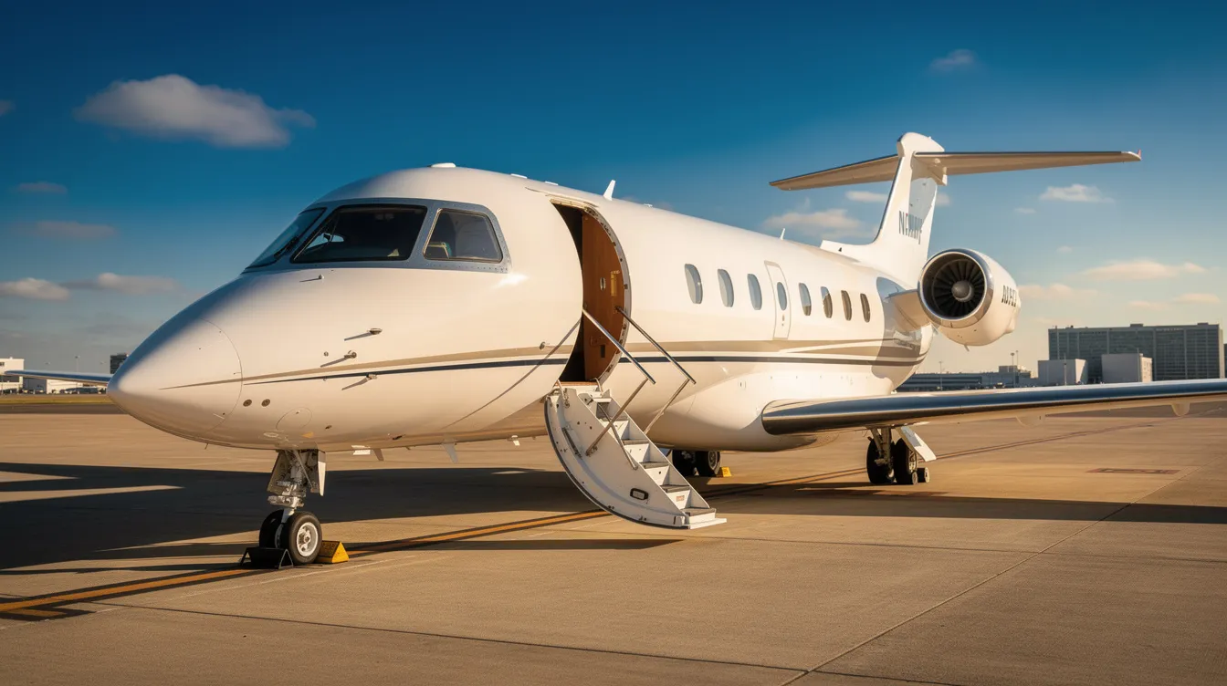 A modern private jet is parked on an airport tarmac, with boarding stairs extended, under a clear blue sky on a sunny afternoon. This aircraft represents the luxury of private ownership, which often involves considerations such as aircraft insurance costs and hull coverage for protection against potential damages.