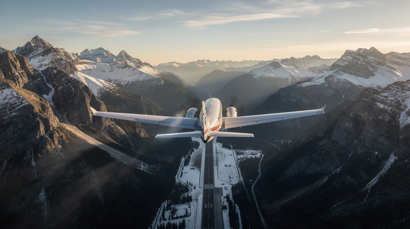 A small jet aircraft is soaring above stunning snow-capped mountains, heading towards a valley airstrip, showcasing its advanced safety features and modern avionics. This scene captures the essence of personal aviation, highlighting the beauty of flight in a light aircraft designed for recreational flying and cross country flights.