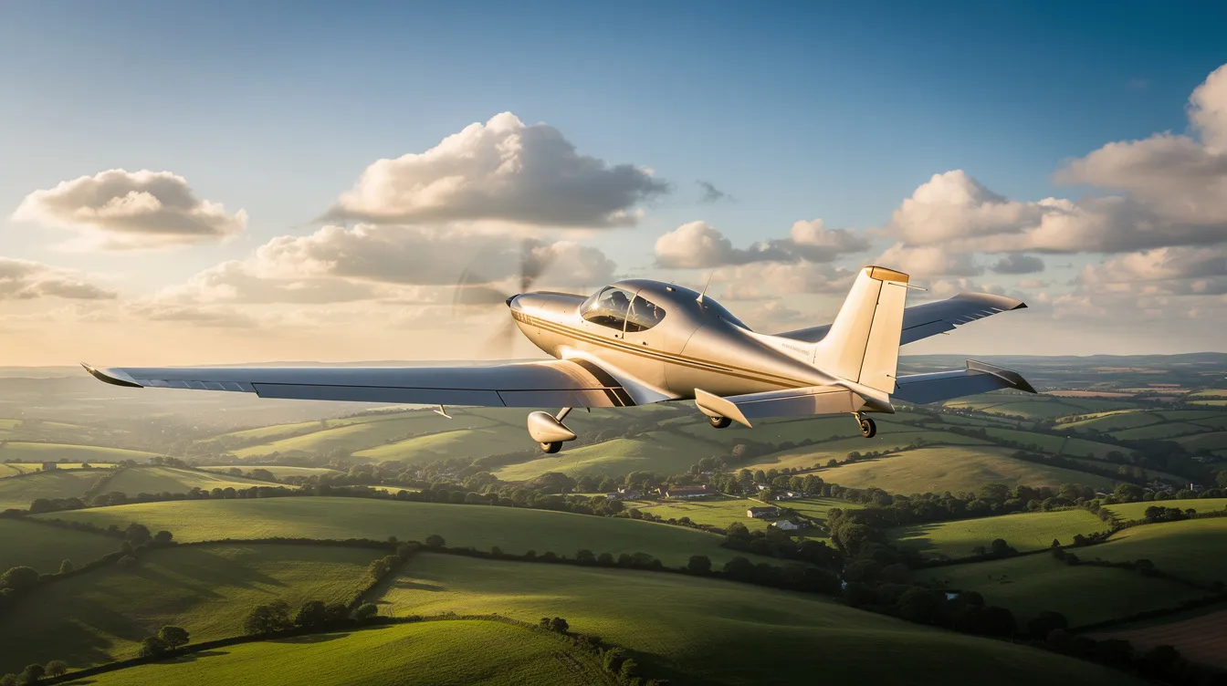 A sleek high-performance single engine aircraft, resembling a light sport aircraft, soars above green rolling hills under a sky dotted with scattered clouds. This modern personal aircraft is designed for forgiving flight characteristics, making it ideal for both recreational flying and flight training.