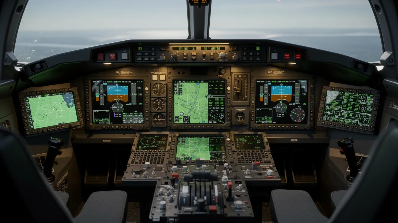 The image depicts the cockpit of a military aircraft, featuring an array of instrument panels, switches, and multiple display screens that showcase advanced aviation technology. This environment is characteristic of air force aircraft, designed for high-level operations and secure communications.