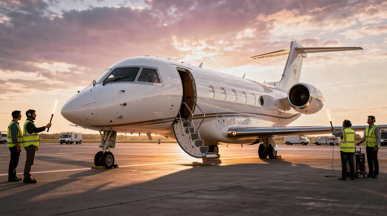 A modern white private jet, resembling a presidential aircraft, is parked on a tarmac at sunset, with ground crew and security personnel nearby, preparing for the upcoming flight. The scene captures the sleek design of the aircraft, highlighting its role in air force travel and the importance of secure transportation for high-profile individuals.