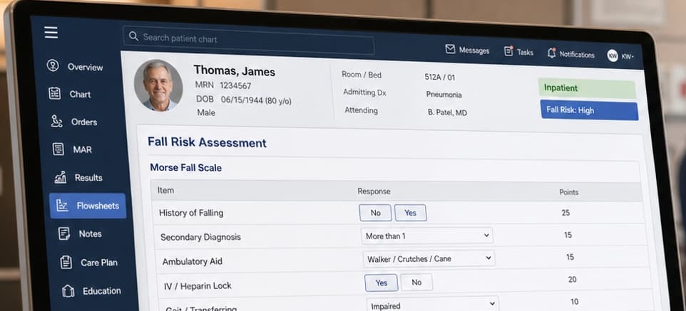 Clinician reviewing an electronic Morse Fall Scale assessment in a hospital EHR to identify a patient at high risk for falls and guide fall-prevention precautions.