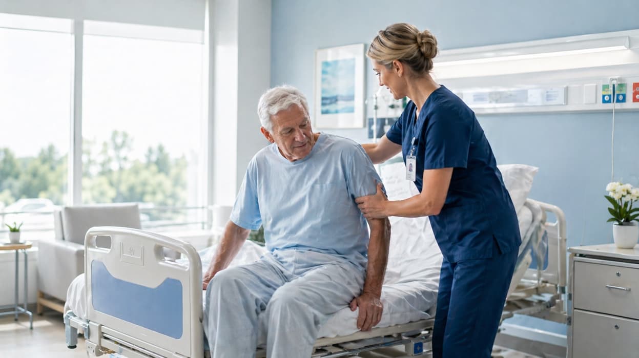 A nurse in blue scrubs helps an older patient sit safely on the edge of a hospital bed.