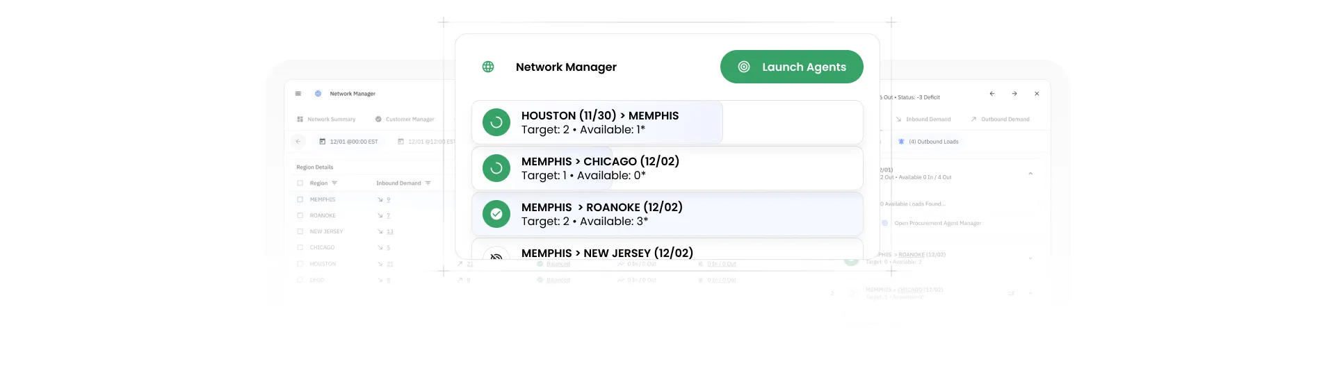 Network Manager interface showing a list of routes with target and available agent counts, including Houston to Memphis, Memphis to Chicago, and Memphis to Roanoke, with a green Launch Agents button.