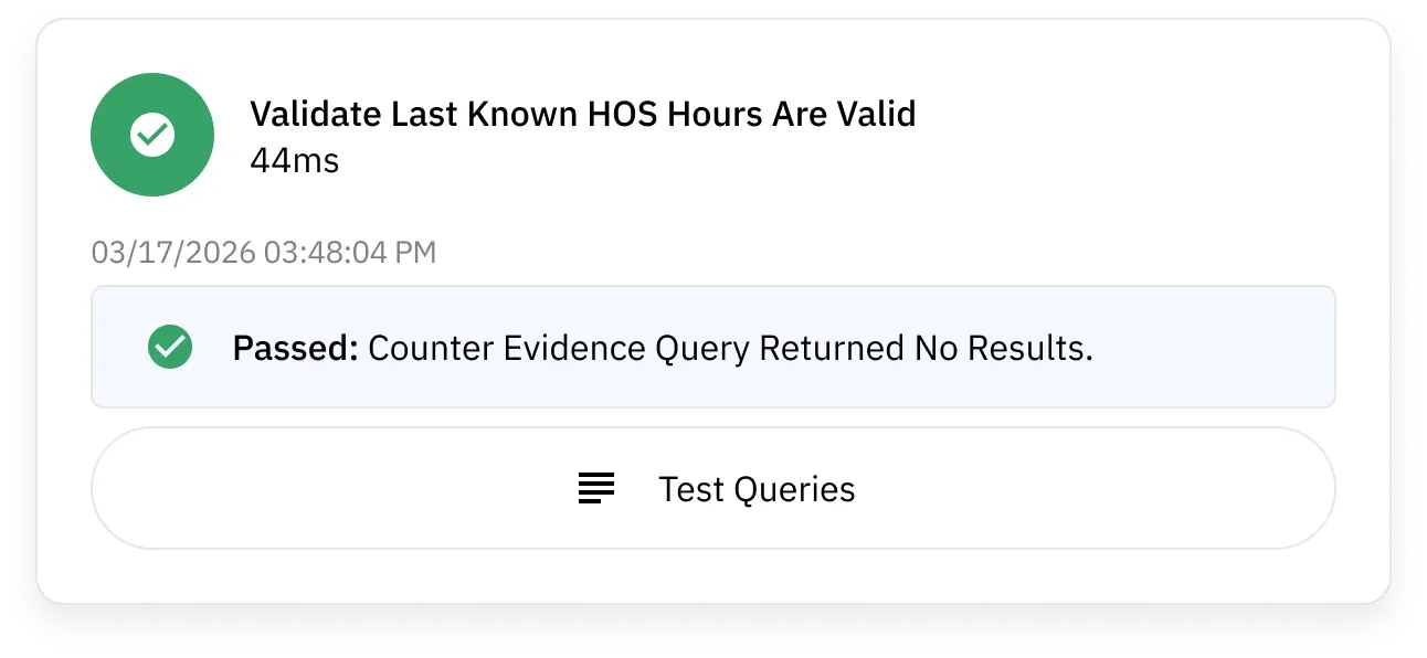 Validation result showing 'Validate Last Known HOS Hours Are Valid' passed with a 44 millisecond response time and a note that the counter evidence query returned no results.