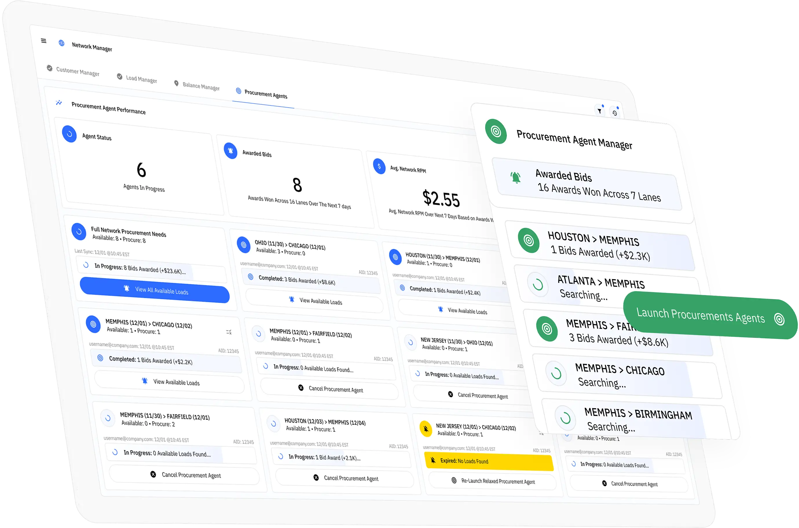 Dashboard interface for Network Manager showing Procurement Agents performance, bids awarded, agent statuses, and detailed load procurement information with options to view, cancel, or launch procurement agents.