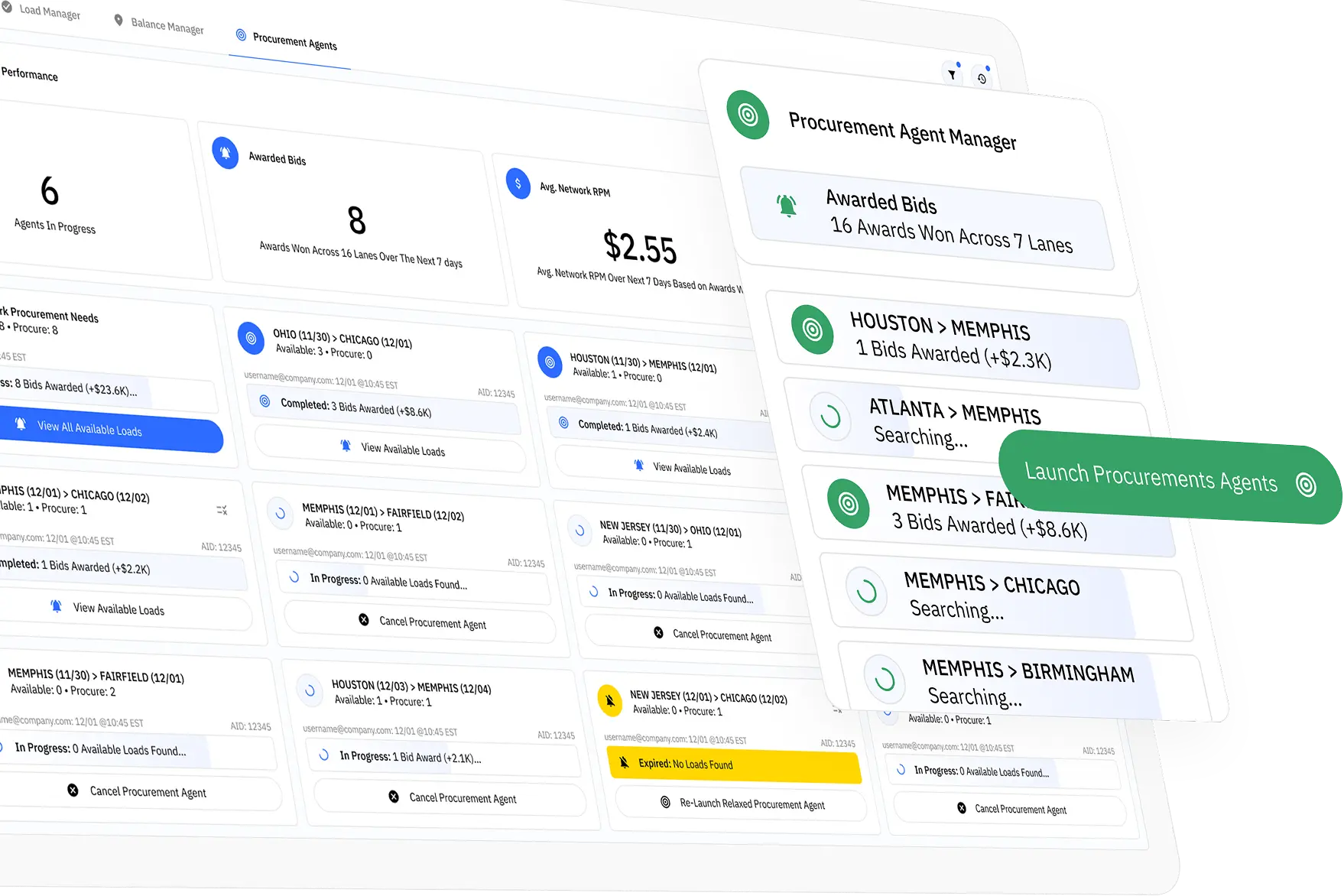 Dashboard interface for Network Manager showing Procurement Agents performance, bids awarded, agent statuses, and detailed load procurement information with options to view, cancel, or launch procurement agents.